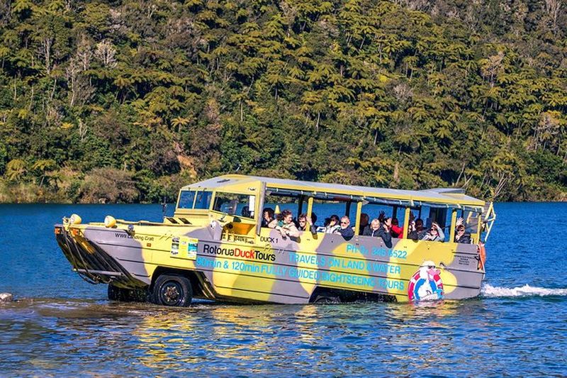 Tour en bus amphibie à travers la ville et les lacs de Rotorua